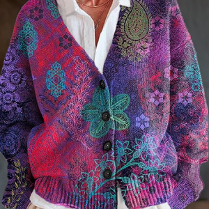 Women Floral Printing Long Sleeve V Neck Casual Spring/Fall Cardigan Outerwear, JustFashionNow Cardigans, color:Purple|size:5XL,