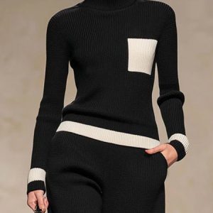 Casual Color Block Turtleneck Sweater, Pullovers, color:Black-white|size:XXL, Stylewe