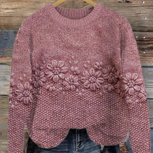 Women Floral Printing Spring/Fall Casual Long Sleeve Crew Neck Knitted Sweater, JustFashionNow Sweaters, color:Pink|size:XXL,
