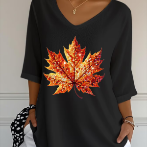 Casual Maple Leaf V Neck Three Quarter Sleeve T-shirt, T-shirts, color:Black|size:5XL, catalog Noracora shop