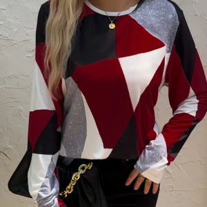 Women Geometric Long Sleeve Tee T-shirt Crew Neck Printing Casual Spring/Fall Graphic Tee Top, JustFashionNow T-Shirts, color:Red|size:XXL,