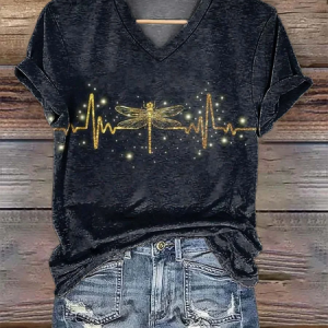 Women Dragonfly Short Sleeve Tee T-shirt V Neck Printing Casual Summer Graphic Tee Top, JustFashionNow T-Shirts, color:Black|size:4XL