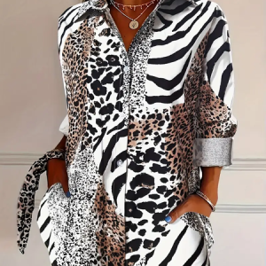 Women Leopard Long Sleeve Shirt Spring/Fall Buckle Shirt Collar Regular Sleeve Daily Casual Top, JustFashionNow Shirts, color:As Picture|size:XXL,