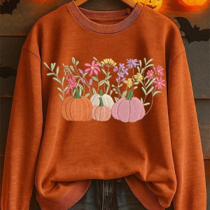 Women Floral Crew Neck Printing Casual Spring/Fall Long Sleeve Sweatshirt, JustFashionNow Sweatshirts & Hoodies, color:Orange|size:XXL,