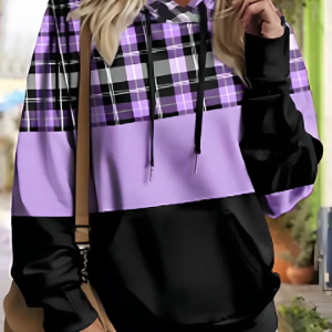 Women Plaid Spring/Fall Printing Long Sleeve Casual Daily Hoodie, JustFashionNow Sweatshirts & Hoodies, color:Purple|size:5XL,