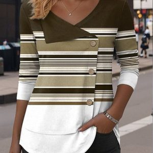 Casual Colorblock V Neck Long Sleeve T-shirt, T-shirts, color:Coffee|size:4XL, catalog Noracora shop