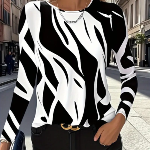 Casual Abstract Crew Neck Long Sleeve T-shirt, T-shirts, color:Black-white|size:XXL, catalog Noracora shop