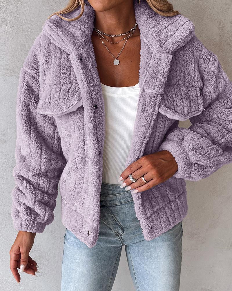Turn-down Collar Button Front Flap Detail Teddy Jacket Casual Textured Striped Warm Coat, women Jackets & Coats, ChicMe catalog - Image 4