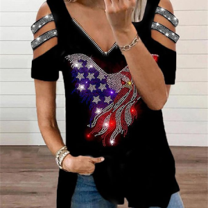 Women Independence Day (Flag) Short Sleeve Tee T-shirt V Neck Printing Vintage Summer Tunic Top, JustFashionNow T-Shirts, color:Black|size:4XL,