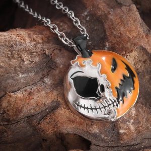 Creative Two-color Splicing Halloween Pendant Necklace Sterling Silver Epoxy Personality Double-sided Pumpkin Skull Electroplated Necklace, JustFashionNow Necklaces, color:Orange|size:One-size,