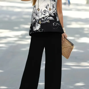 Women Floral Printing Two-Piece Set Daily Sleeveless Casual Summer Multi-Piece Set Matching Set, JustFashionNow Suit Set, color:Black|size:XXL,