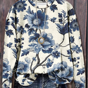 Casual Crew Neck Floral Sweatshirt Printing, Hoodies & Sweatshirts, color:Blue|size:3XL, catalog Noracora shop