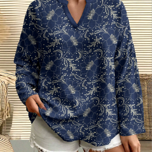 Casual Floral V Neck Long Sleeve T-shirt, T-shirts, color:Blue|size:5XL, catalog Noracora shop