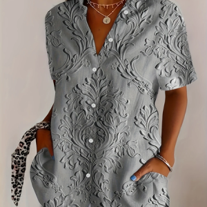 Shirt Collar Short Sleeve Floral Printing Regular Micro-Elasticity Loose Button Up Shirt Shirt For Women, Shirts, color:Gray|size:5XL, catalog Noracora shop
