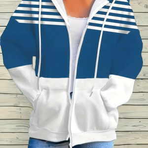Women Spring/Fall Outerwear Casual Printing Striped Long Sleeve Hoodie Jacket, JustFashionNow Coats, color:Lake Blue|size:4XL,