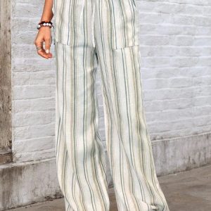 Women Striped Long Drawstring Pants Casual Spring/Fall Trousers, JustFashionNow Pants, color:Green|size:3XL,