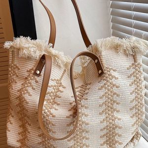 Straw Fringed Large Capacity Tote Beach Bag, Bags, color:Off White, catalog Noracora shop
