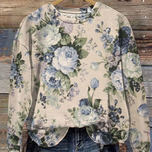 Women Floral Crew Neck Printing Casual Spring/Fall Long Sleeve Sweatshirt, JustFashionNow Sweatshirts & Hoodies, color:Khaki|size:XXL,