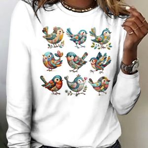 Vintage Cute Chicken Pattern Crew Neck Long Sleeve T-shirt, T-shirts, color:White|size:4XL, catalog Noracora shop