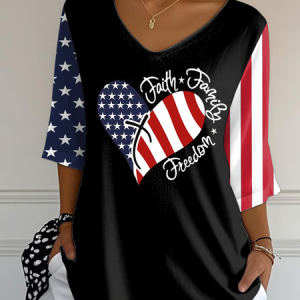 Women Independence Day (Flag) Three Quarter Sleeve Tee T-shirt V Neck Printing Casual Spring/Fall Top, JustFashionNow T-Shirts, color:Black|size:5XL,