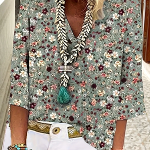 V Neck Three Quarter Sleeve Floral Printing Regular Loose Blouse For Women, Blouses, color:Green|size:4XL, catalog Noracora shop