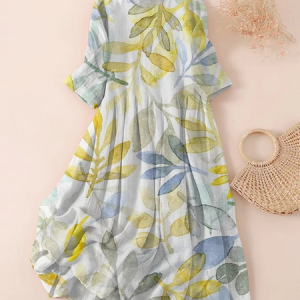 Women Floral Three Quarter Sleeve Spring/Fall Printing Dress Crew Neck Daily Casual Maxi Classic H-Line Dress, JustFashionNow Casual Dresses, color:As Picture|size:5XL,