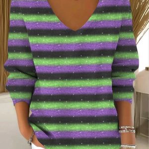 Women Cotton Striped Long Sleeve Comfy Casual Sweater, Sweaters, color:Purple|size:4XL, catalog Noracora shop