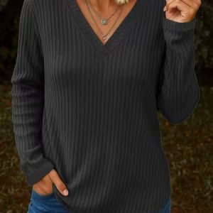 Casual Plain V Neck Long Sleeve T-shirt, T-shirts, color:Black|size:3XL, catalog Noracora shop