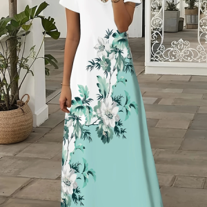 Women Floral Summer Printing Dress V Neck Short Sleeve X-Line Dress, Dresses, color:Green|size:3XL, catalog Noracora shop