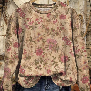 Women Floral Crew Neck Printing Casual Spring/Fall Long Sleeve Sweatshirt, JustFashionNow Sweatshirts & Hoodies, color:Camel|size:XXL,