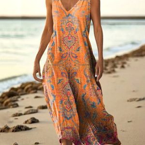 Women Floral Summer Dress V Neck Sleeveless A-Line Dress, Maxi, color:Yellow|size:5XL, catalog Noracora shop