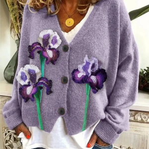 Women Floral Casual Spring/Fall Printing Cardigan, JustFashionNow Cardigans, color:Purple|size:5XL,