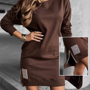 Long Sleeve Drop Shoulder Side Zipper Slit Casual Mini Dress, women Casual Dresses, ChicMe catalog