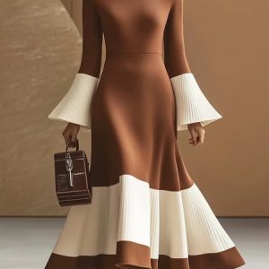 Elegant Color Block Bell Sleeve Stand Collar Sweater Dress, Maxi Dresses, color:Brown|size:XXL, Stylewe