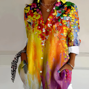 Women Floral Long Sleeve Shirt Spring/Fall Buckle Shirt Collar Daily Casual Top, JustFashionNow Shirts, color:Yellow|size:4XL,