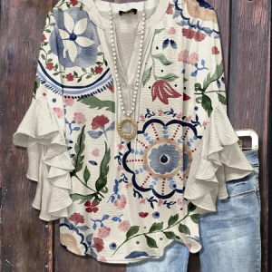 Women Floral Half Sleeve Shirt Summer Printing V Neck Daily Casual Top, JustFashionNow Shirts, color:Off White|size:5XL,