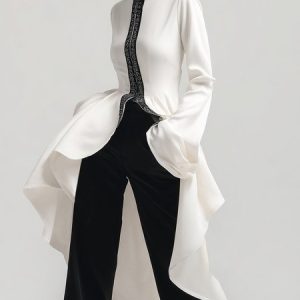 Cotton Urban Color Block Split Joint Stand Collar Bell Sleeve Blouse, Blouses and Shirts, color:White|size:XXL, Stylewe