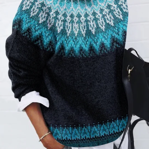 Women Abstract Printing Spring/Fall Casual Long Sleeve Crew Neck Sweater, JustFashionNow Sweaters, color:Lake Blue|size:5XL,