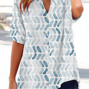 Women Geometric Short Sleeve Shirt Summer Printing V Neck Daily Casual Top, JustFashionNow Shirts, color:White|size:4XL,
