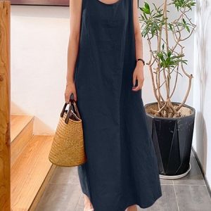 Women Plain Sleeveless Summer Split Joint Dress Crew Neck Daily Vintage Maxi Tank A-Line Dress, JustFashionNow Dresses, color:Purplish Blue|size:5XL,