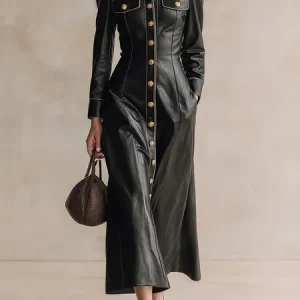 Urban Plain Shirt Collar Maxi Dress, Midi Dresses, color:Black|size:XXL, Stylewe