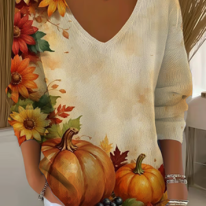 Women Sunflower Long Sleeve Tee T-shirt V Neck Printing Casual Spring/Fall Top, JustFashionNow T-Shirts, color:Khaki|size:4XL