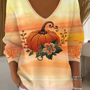 Halloween Pumpkin Print Casual Maple Leaf V Neck Long Sleeve T-shirt, Sweaters, color:Orange|size:4XL, catalog Noracora shop