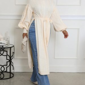 Cable Textured High Neck Lantern Sleeve Bow Tie Waist Sweater Casual High Slit Knit Longline Top, women Sweaters & Cardigans, ChicMe catalog