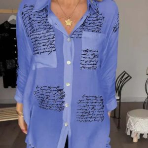 Women Geometric Long Sleeve Shirt Spring/Fall Printing V Neck Daily Casual Top, JustFashionNow Blouses, color:Deep Blue|size:5XL,