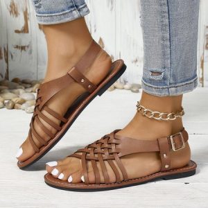 Vintage Plain Adjustable Buckle Flat Heel Ankle Strap Sandals, Sandals, color:Light Brown|size:43, catalog Noracora shop