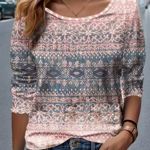 Women Floral Long Sleeve Tee T-shirt Crew Neck Printing Casual Spring/Fall Graphic Tee Top, JustFashionNow T-Shirts, color:Pink|size:XXL,