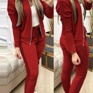 Women Geometric Split Joint Two-Piece Set Daily Long Sleeve Casual Spring/Fall Top With Pants Matching Set, JustFashionNow Suit Set, color:Wine Red|size:3XL,