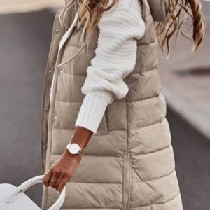 Zipper Plain Elegant Cotton Coat Solid Color Hooded Single-breasted Mid-length Cotton Vest Slim Fit Temperament Cardigan Jacket Top, Vest, color:Off White|size:5XL, catalog Noracora shop