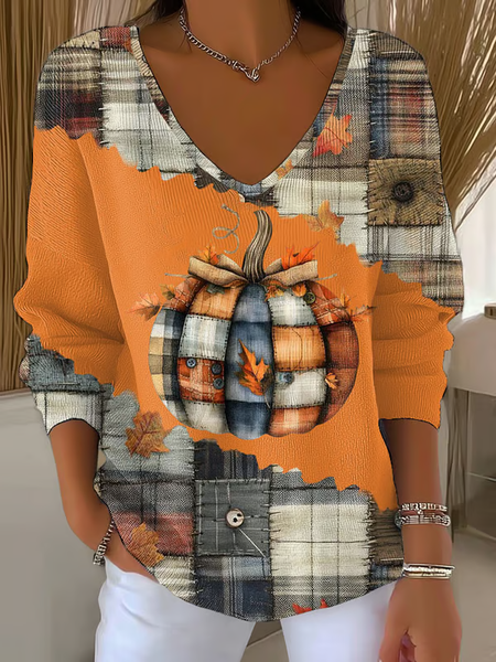 Women Halloween (pumpkin) Long Sleeve Tee T-shirt V Neck Printing Casual Spring/Fall Top, JustFashionNow T-Shirts, color:Orange|size:4XL - Image 5